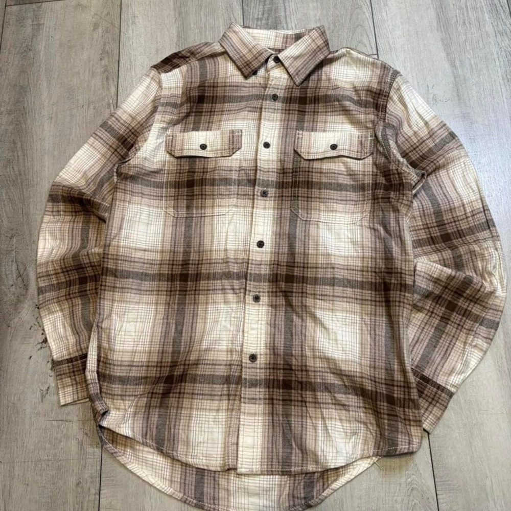 brown & cream‎ plaid button up shirt size L Men's